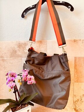 Stylish Olive Tote Bag with Orange Accent Strap